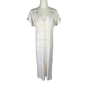 Wonderly Studio dress womens XS pink yellow white short sleeve maxi loose fit